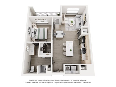 A 3D floor plan of a small apartment with a kitchen, living room, and bathroom.